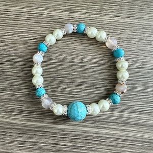 💝Turquoise and Pearl Round Beads Stretch Bracelet New High Quality Handmade